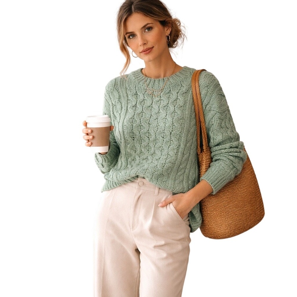 Alpaca Blend‎ Sage Cable Knit Sweater Chunky Fisherman Scandi Pullover M